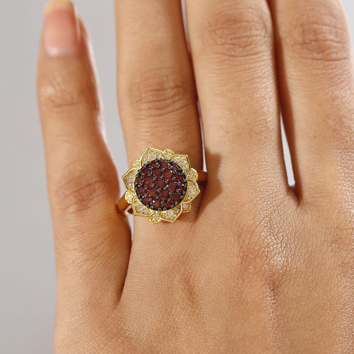 Karis Mozambique Garnet and White Zircon 1.20 ctw Lotus Flower Ring in 18K Yellow Gold Plated (Size 6.0) image number 2