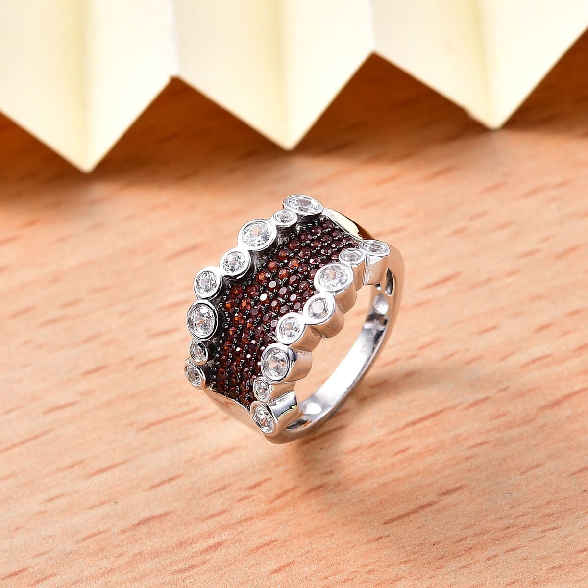 Karis Premium Mozambique Garnet and White Zircon 1.70 ctw Bubbles Ring in Platinum Bond (Size 8.0) image number 1