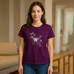 Purple Butterfly Crystal Bejeweled and Lace Short Sleeve Shirt - One Size Fits Most