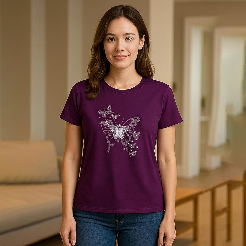 Tamsy Purple Butterfly Crystal Bejeweled and Lace Short Sleeve Shirt - One Size Fits Up to XLarge