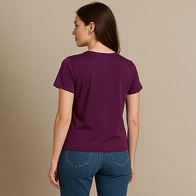 Tamsy Purple Butterfly Crystal Bejeweled and Lace Short Sleeve Shirt - One Size Fits Up to XLarge
