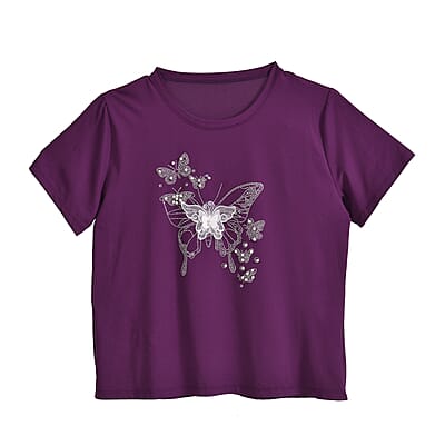Tamsy Purple Butterfly Crystal Bejeweled and Lace Short Sleeve Shirt - One Size Fits Up to XLarge