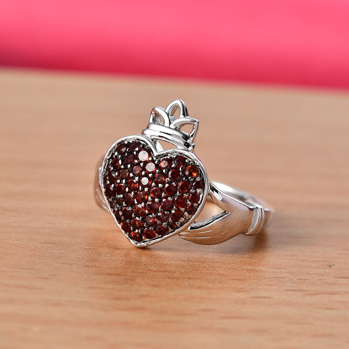 Premium Mozambique Garnet 0.80 ctw Claddagh Ring in Rhodium Over Sterling Silver (Size 7.0) image number 1