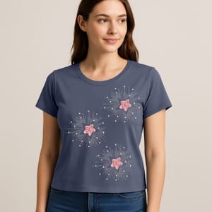 Navy Starburst Crystal Bejeweled and Lace Short Sleeve Shirt - One Size Fits Most