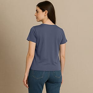 Tamsy Navy Starburst Crystal Bejeweled and Lace Short Sleeve Shirt - One Size Fits Up to XLarge