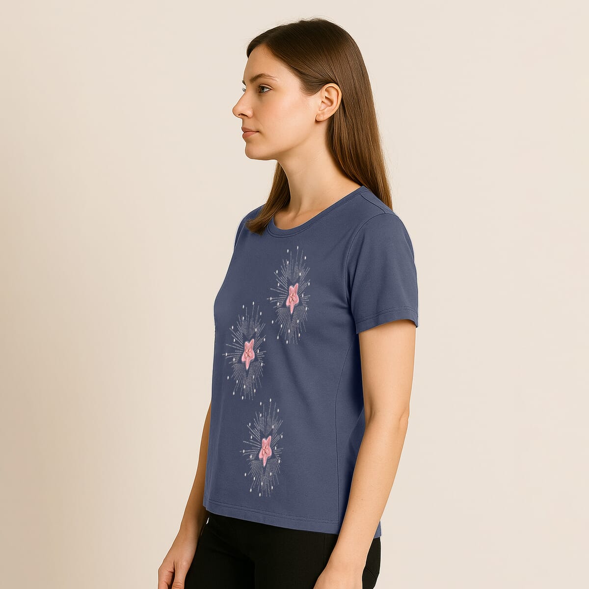 Navy Starburst Crystal Bejeweled and Lace Short Sleeve Shirt - One Size Fits Most image number 3