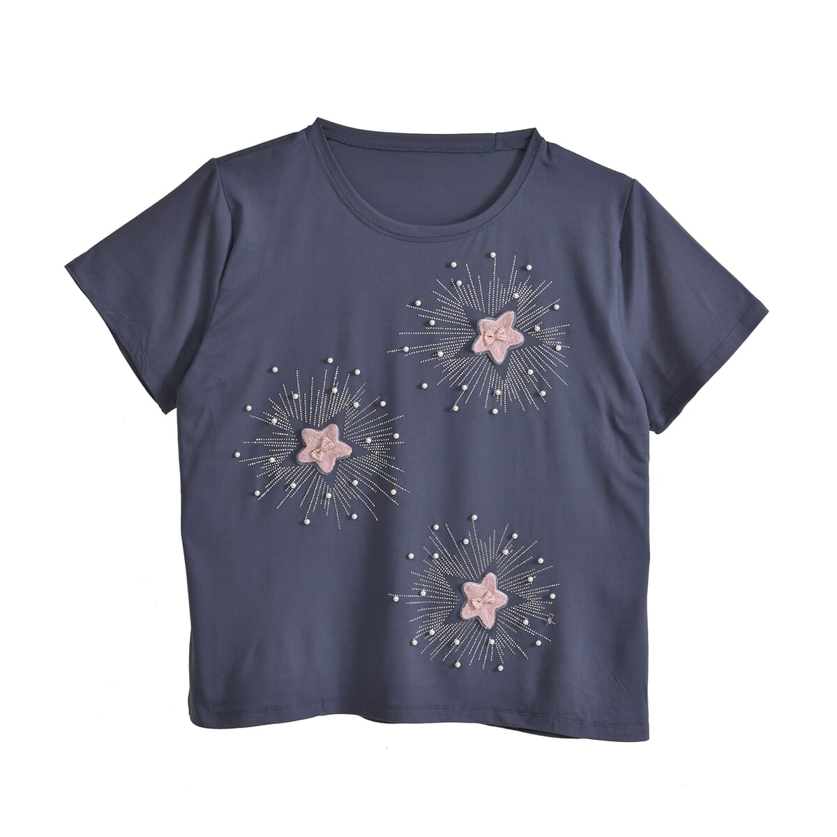 Navy Starburst Crystal Bejeweled and Lace Short Sleeve Shirt - One Size Fits Most image number 4