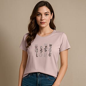 Beige Cat Love Crystal Bejeweled and Lace Short Sleeve Shirt - One Size Fits Most