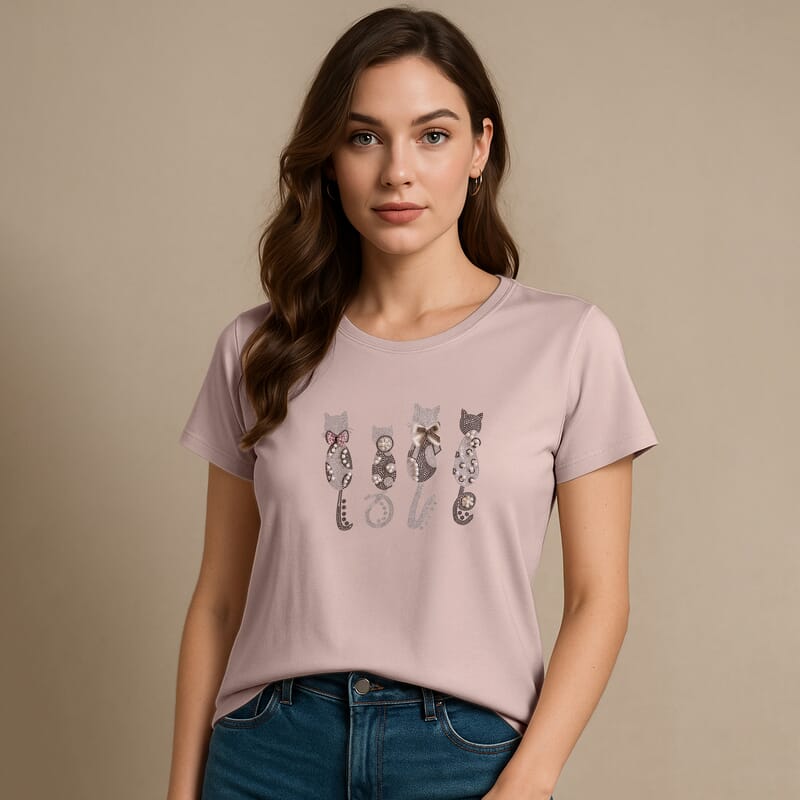 Tamsy Beige Cat Love Crystal Bejeweled and Lace Short Sleeve Shirt - One Size Fits Up to XLarge