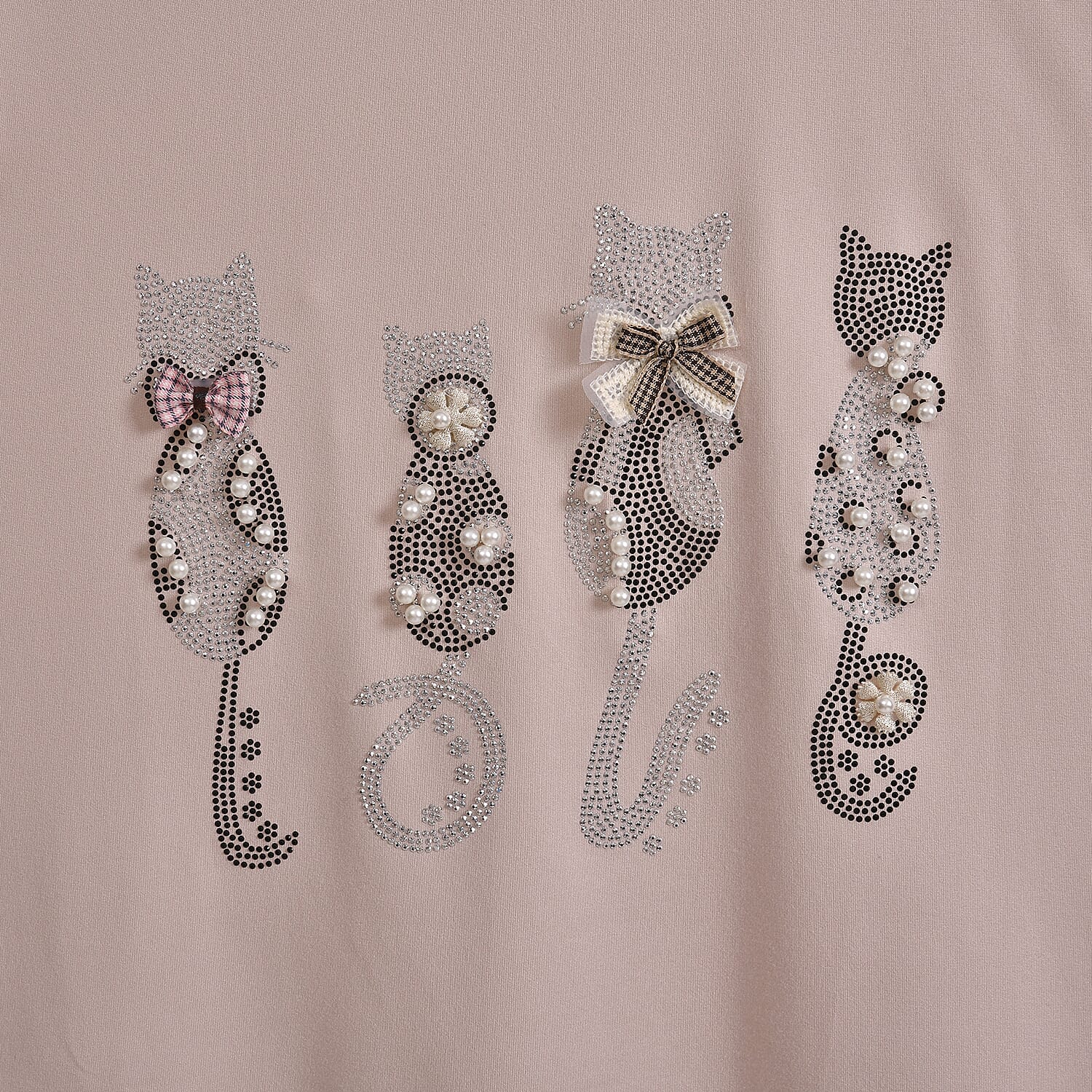 Tamsy Beige Cat Love Crystal Bejeweled and Lace Short Sleeve Shirt - One Size Fits Up to XLarge