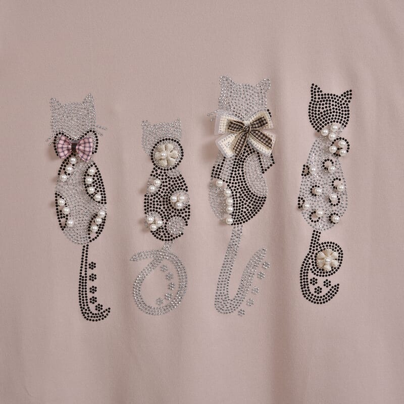 Tamsy Beige Cat Love Crystal Bejeweled and Lace Short Sleeve Shirt - One Size Fits Up to XLarge
