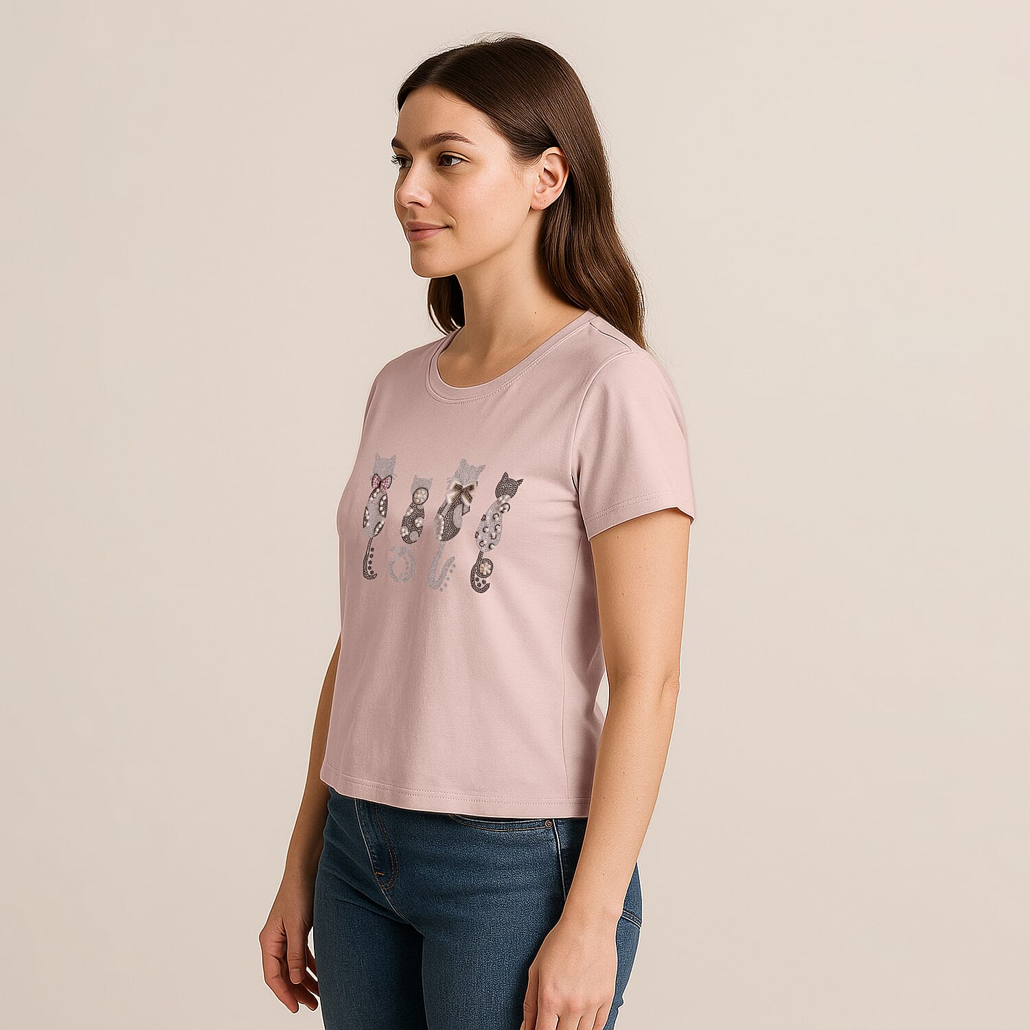 Tamsy Beige Cat Love Crystal Bejeweled and Lace Short Sleeve Shirt - One Size Fits Up to XLarge