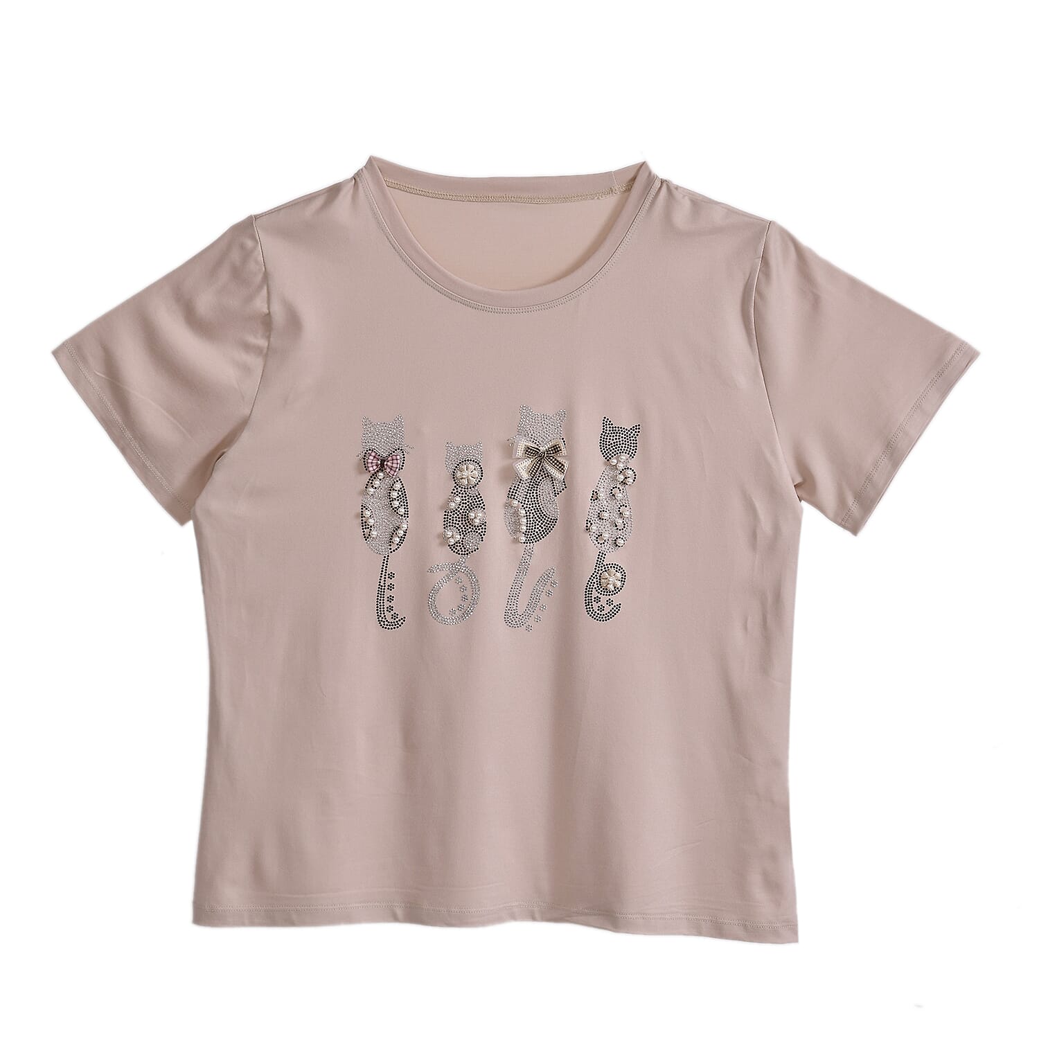 Tamsy Beige Cat Love Crystal Bejeweled and Lace Short Sleeve Shirt - One Size Fits Up to XLarge