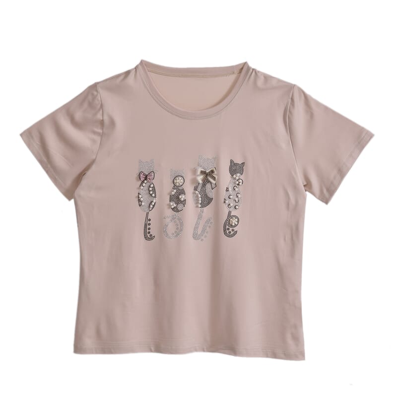 Tamsy Beige Cat Love Crystal Bejeweled and Lace Short Sleeve Shirt - One Size Fits Up to XLarge