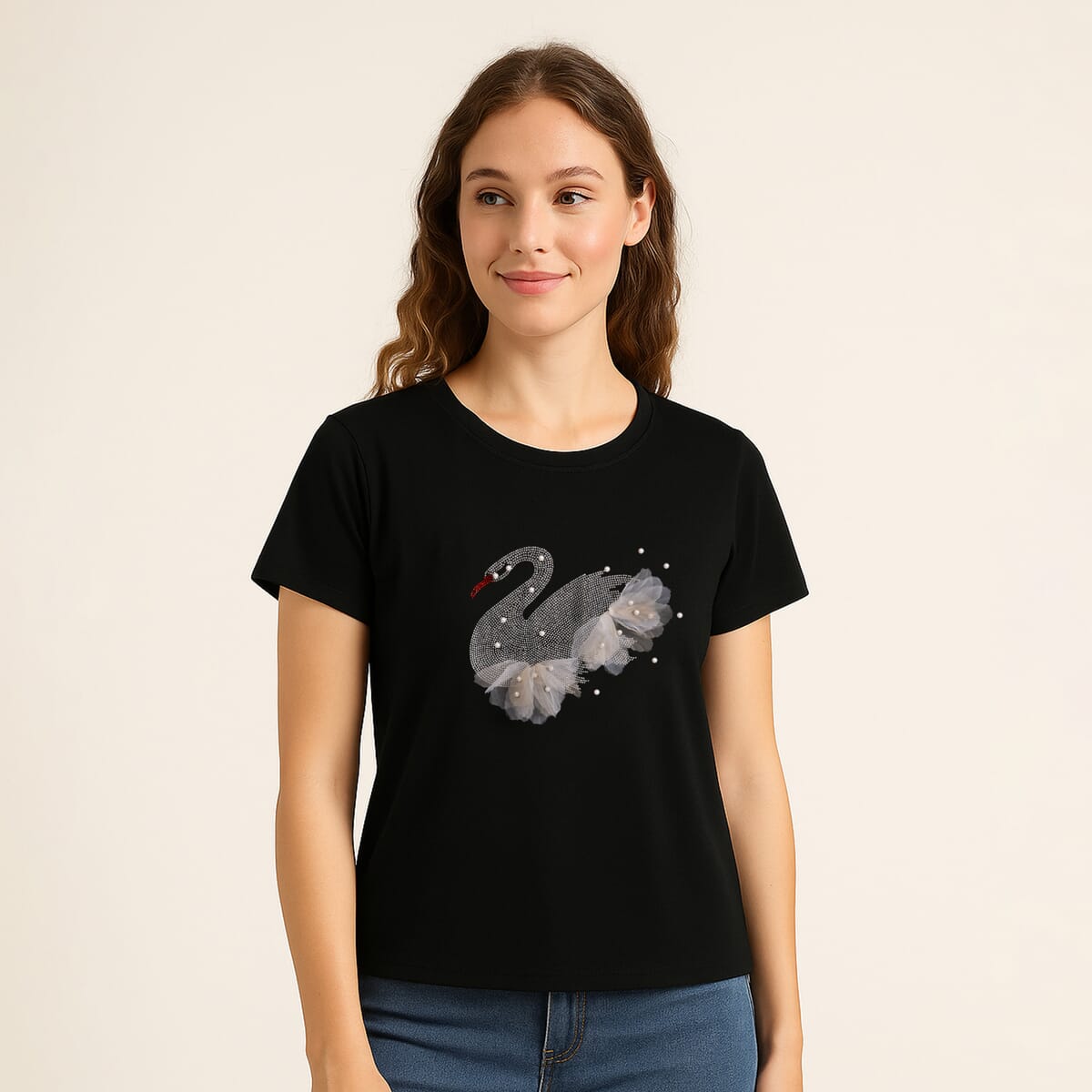 Black Swan Crystal Bejeweled and Lace Short Sleeve Shirt - One Size Fits Most image number 0