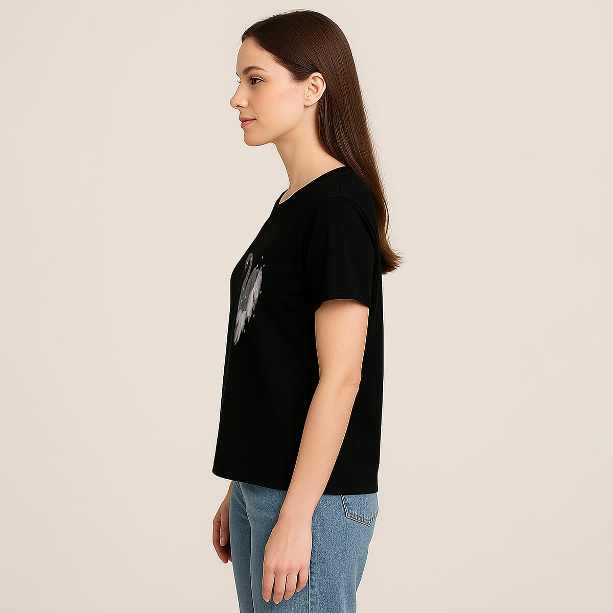 Black Swan Crystal Bejeweled and Lace Short Sleeve Shirt - One Size Fits Most image number 3