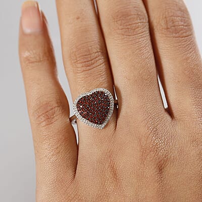 Premium Mozambique Garnet and White Zircon 1.35 ctw Heart Ring in Platinum Over Sterling Silver (Size 10.0)