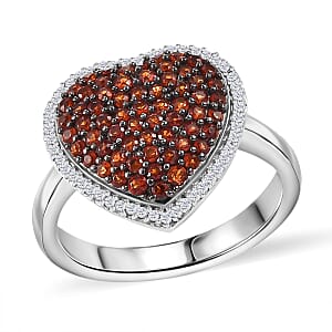Premium Mozambique Garnet and White Zircon 1.35 ctw Heart Ring in Platinum Over Sterling Silver (Size 6.0)