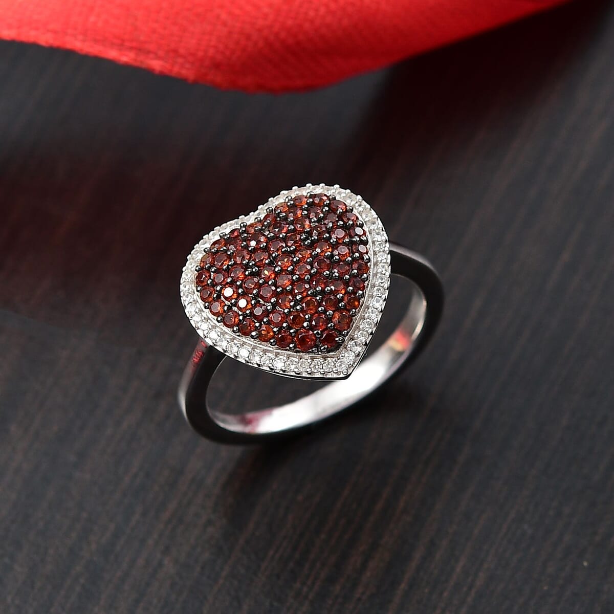 Premium Mozambique Garnet and White Zircon 1.35 ctw Heart Ring in Platinum Over Sterling Silver (Size 9.0) image number 1