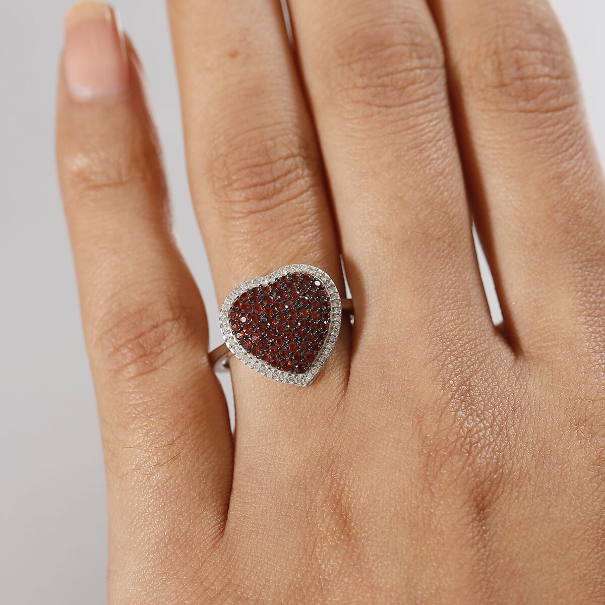 Premium Mozambique Garnet and White Zircon 1.35 ctw Heart Ring in Platinum Over Sterling Silver (Size 9.0) image number 2