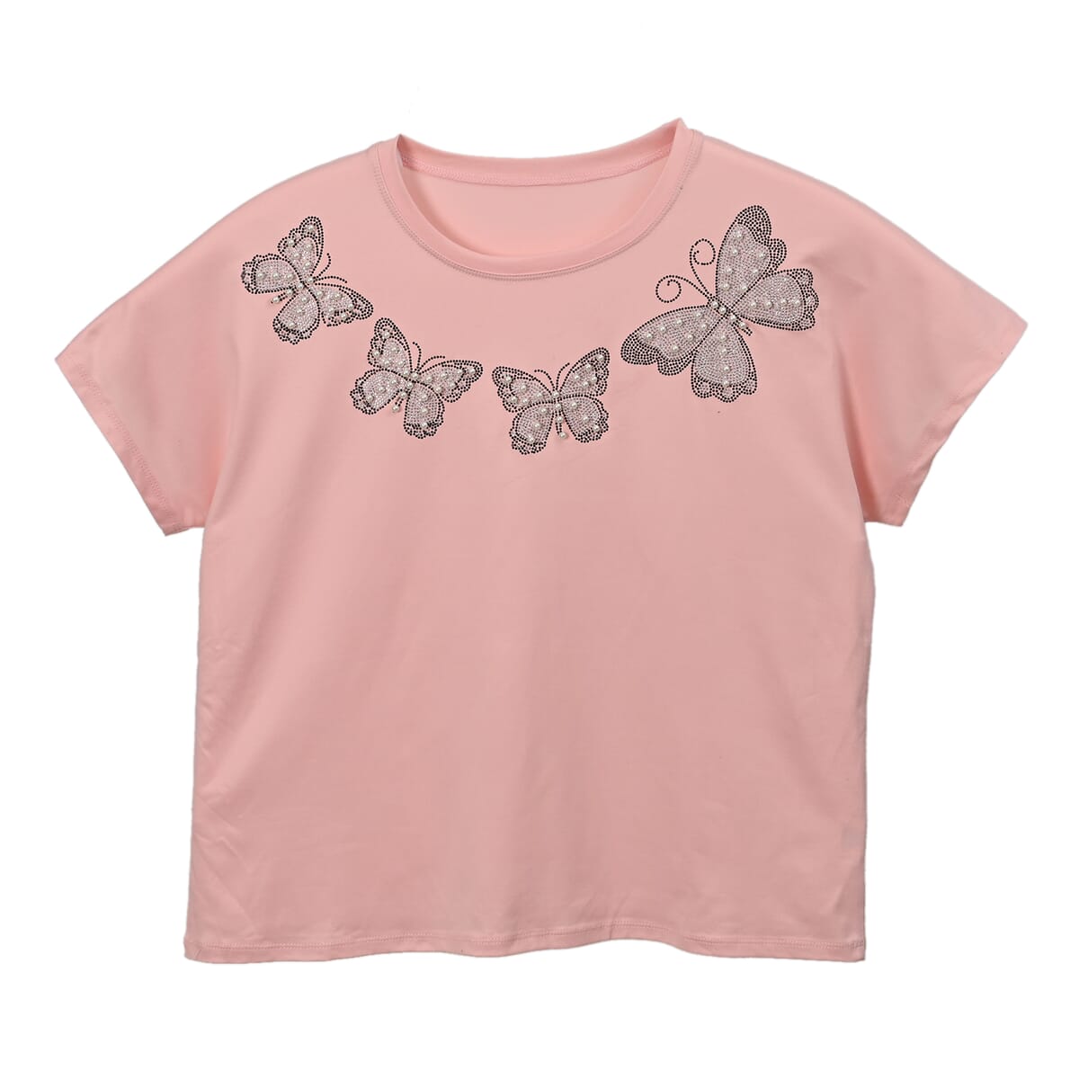 Pink Butterfly Crystal Bejeweled Bat Wing Short Sleeve Shirt Working - One Size Fits Most image number 0