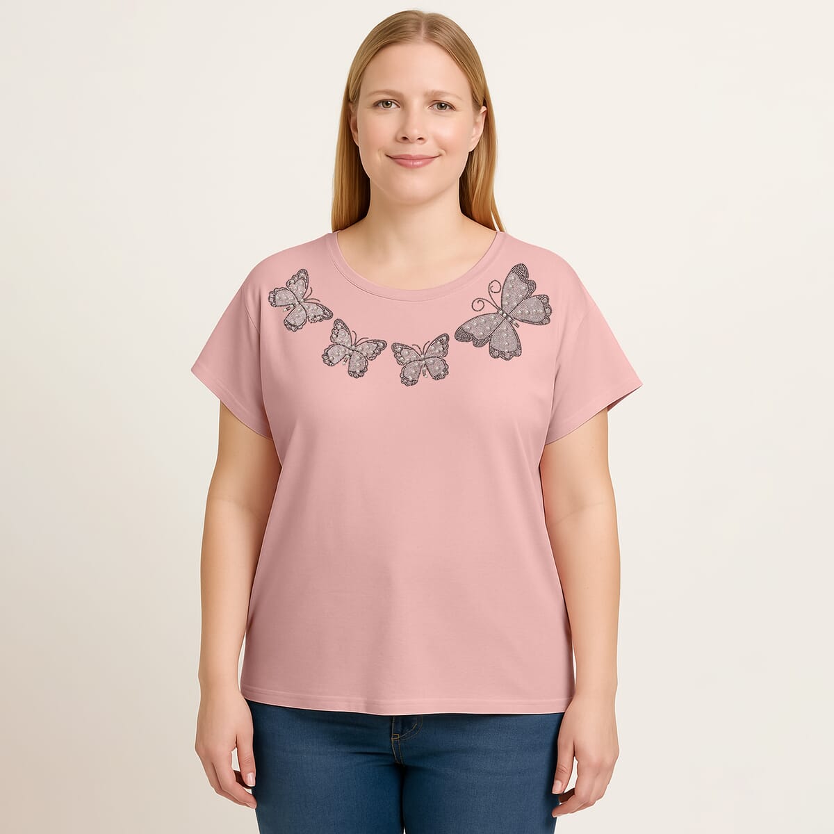 Pink Butterfly Crystal Bejeweled Bat Wing Short Sleeve Shirt Working - One Size Fits Most image number 1