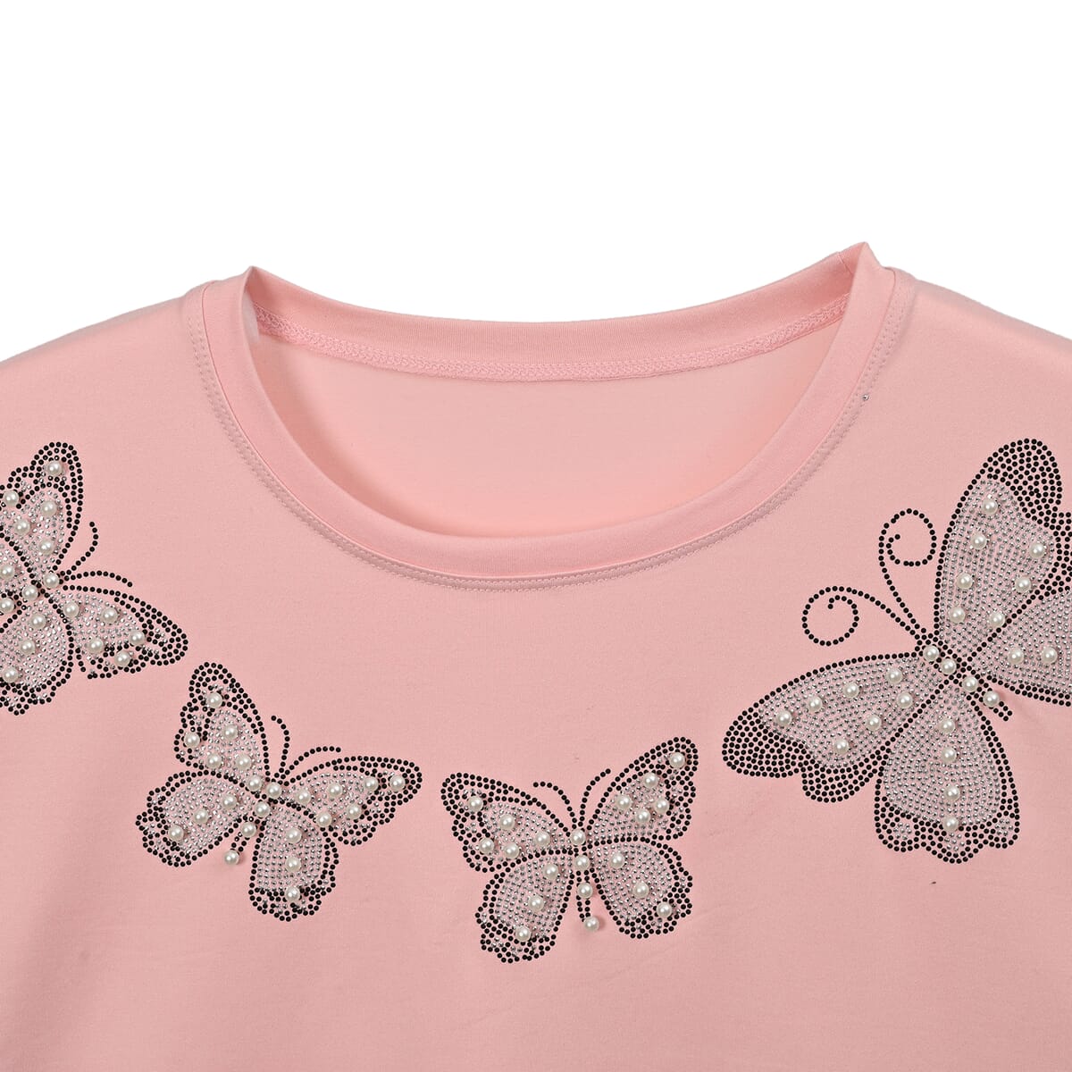 Pink Butterfly Crystal Bejeweled Bat Wing Short Sleeve Shirt Working - One Size Fits Most image number 3