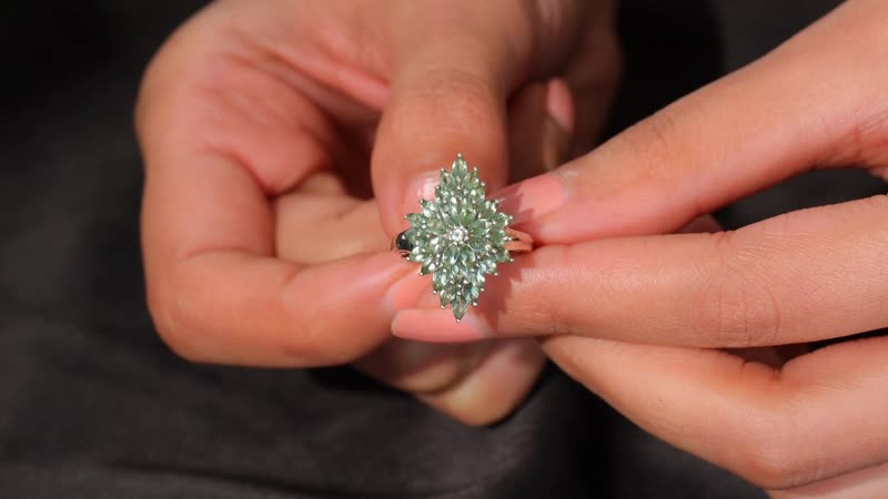 Natural Green Apatite Floral Spray Ring in Rhodium Over Sterling Silver (Size 9.0) 3.20 ctw