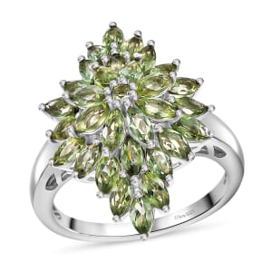 Natural Green Apatite 3.20 ctw Floral Spray Ring in Rhodium Over Sterling Silver 2.36 (Size 6.0)