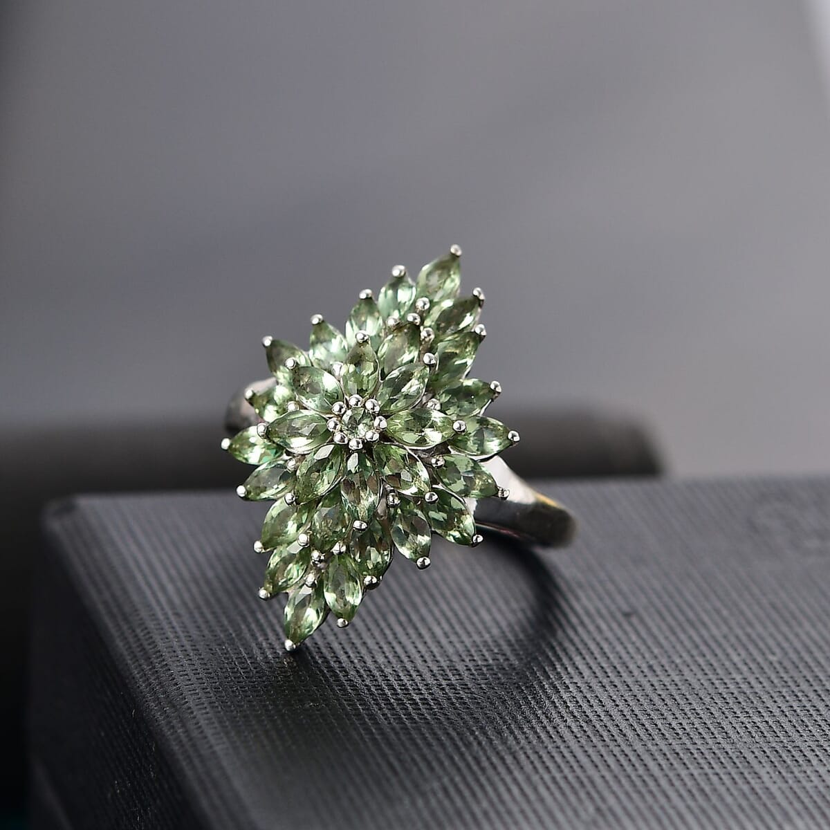 Natural Green Apatite 3.20 ctw Floral Spray Ring in Rhodium Over Sterling Silver 2.36 (Size 7.0) image number 1