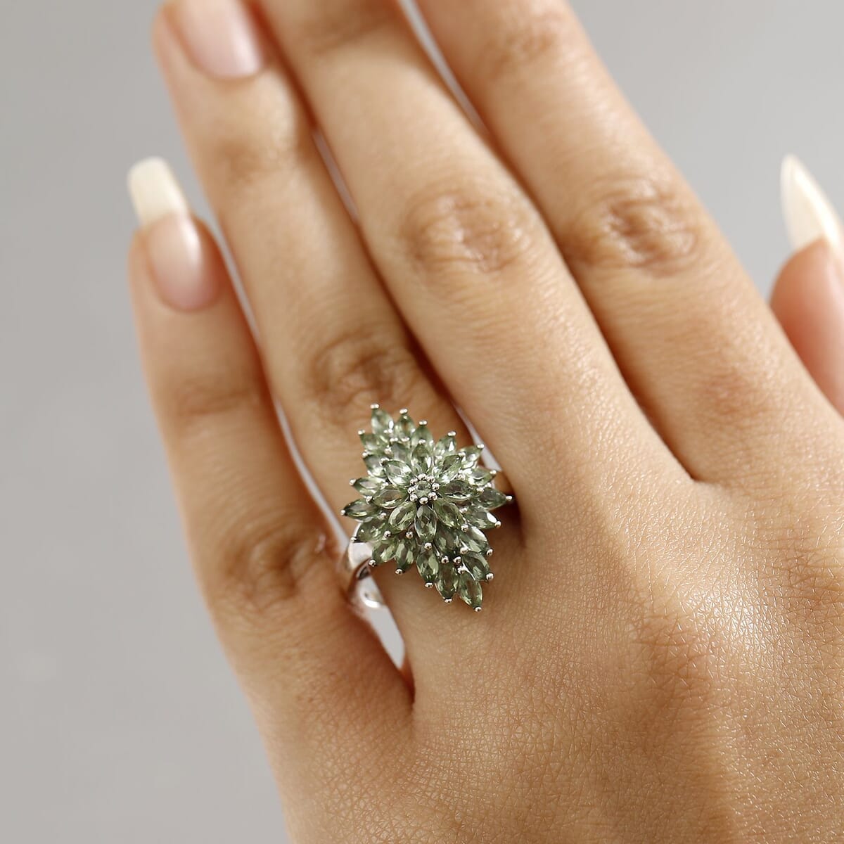 Natural Green Apatite 3.20 ctw Floral Spray Ring in Rhodium Over Sterling Silver 2.36 (Size 7.0) image number 2
