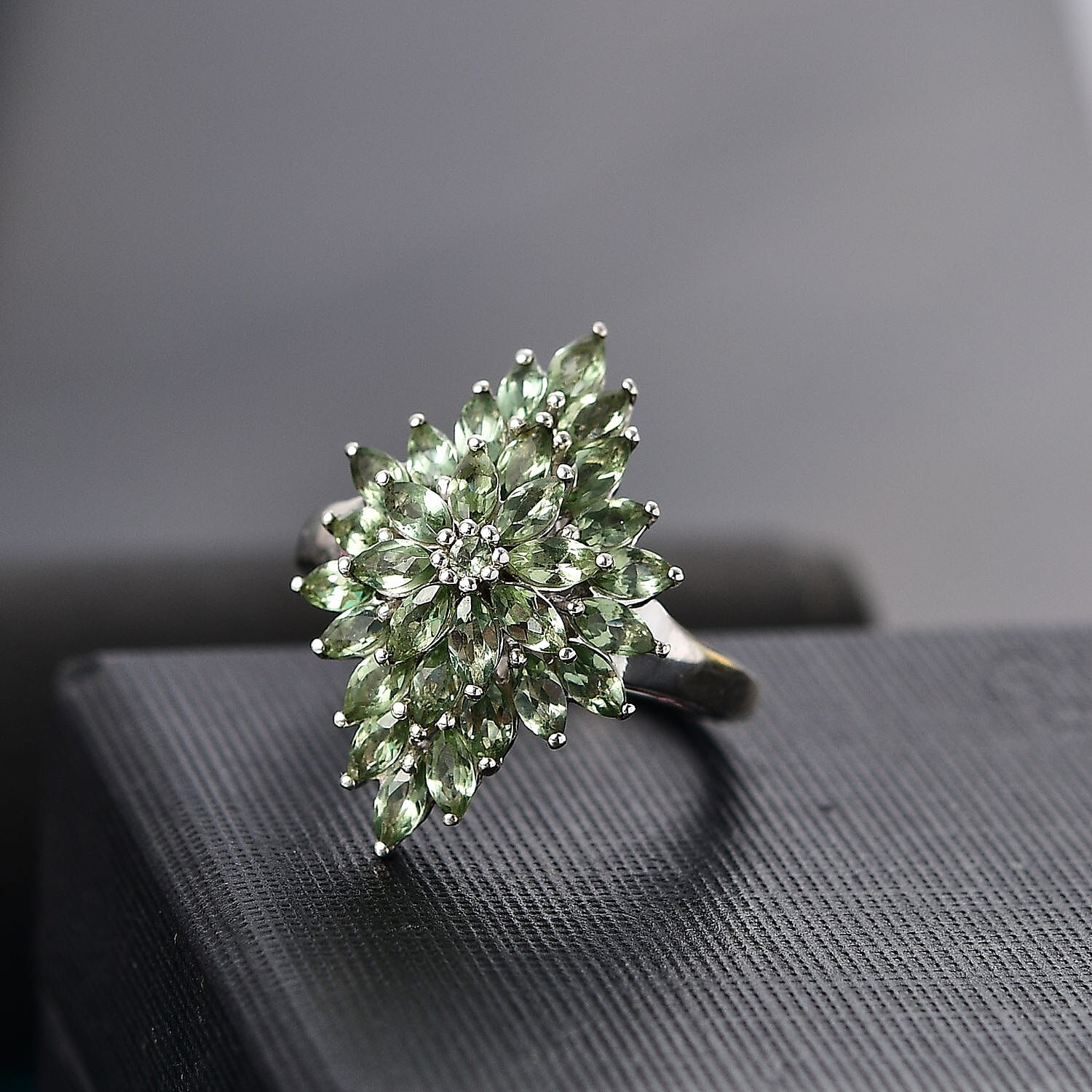 Natural Green Apatite Floral Spray Ring in Rhodium Over Sterling Silver (Size 9.0) 3.20 ctw