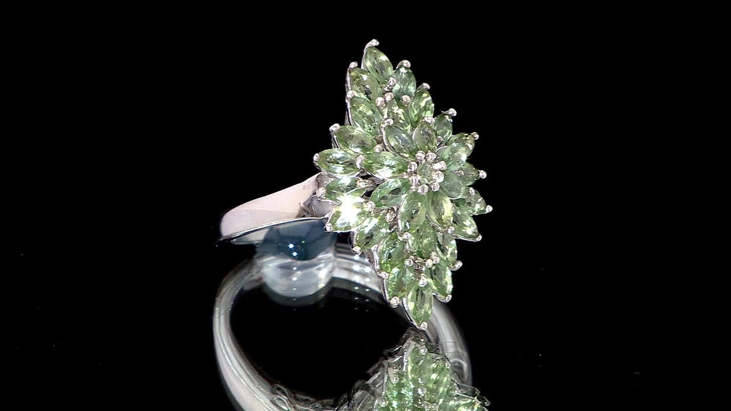 Natural Green Apatite Floral Spray Ring in Rhodium Over Sterling Silver (Size 9.0) 3.20 ctw