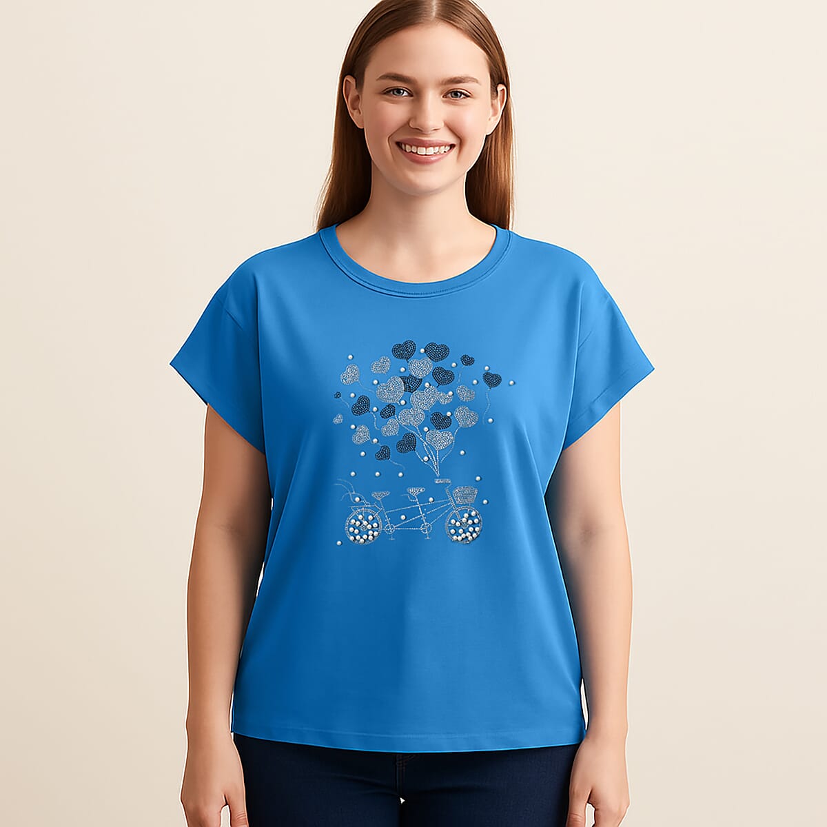 Blue Bike Crystal Bejeweled Bat Wing Short Sleeve Shirt - One Size Fits Most image number 1