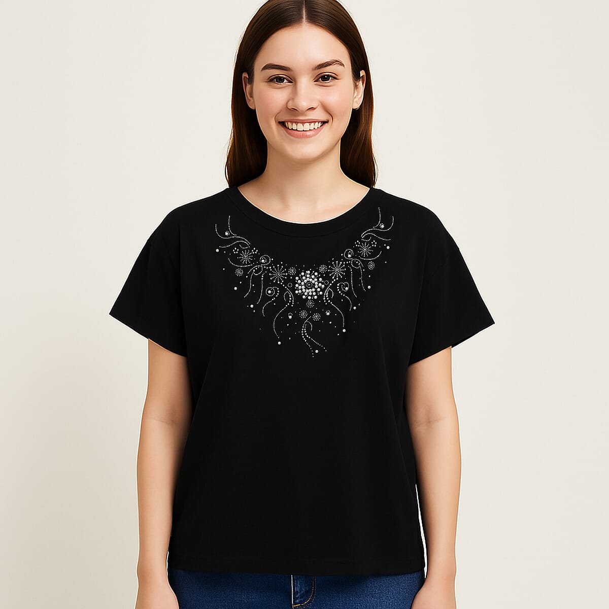 Black Floral Crystal Bejeweled Bat Wing Short Sleeve Shirt - One Size Fits Most image number 1