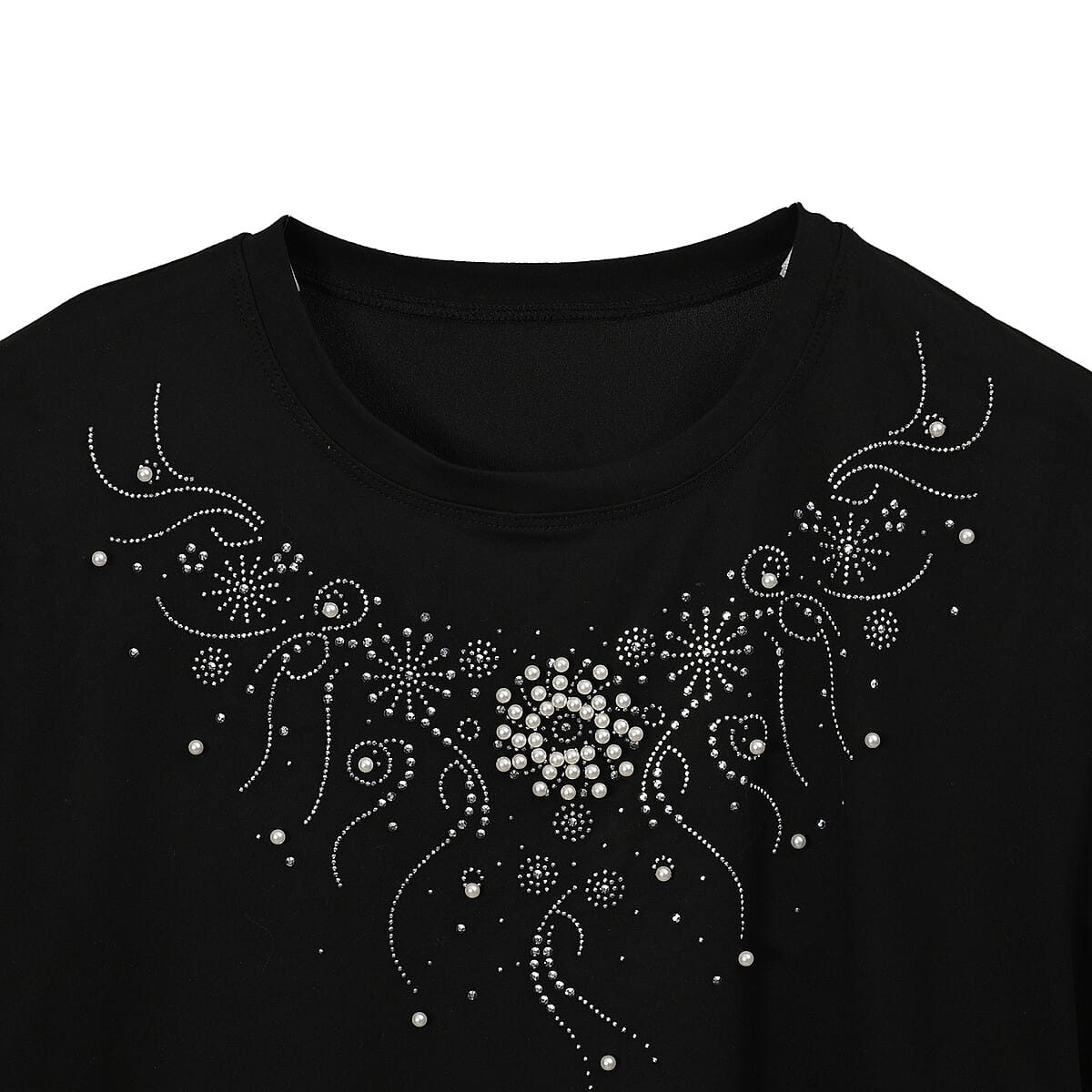 Black Floral Crystal Bejeweled Bat Wing Short Sleeve Shirt - One Size Fits Most image number 3