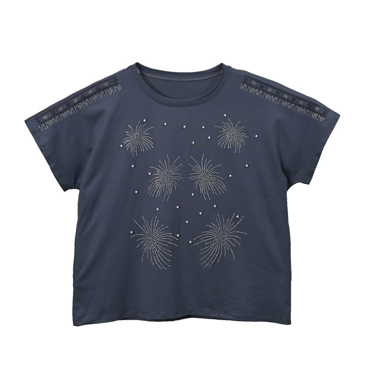 Navy Fireworks Crystal Bejeweled Bat Wing Short Sleeve Shirt Working - One Size Fits Most image number 0