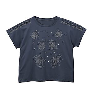 Navy Firework Crystal Bejeweled Bat Wing Short Sleeve Shirt - One Size Fits Most
