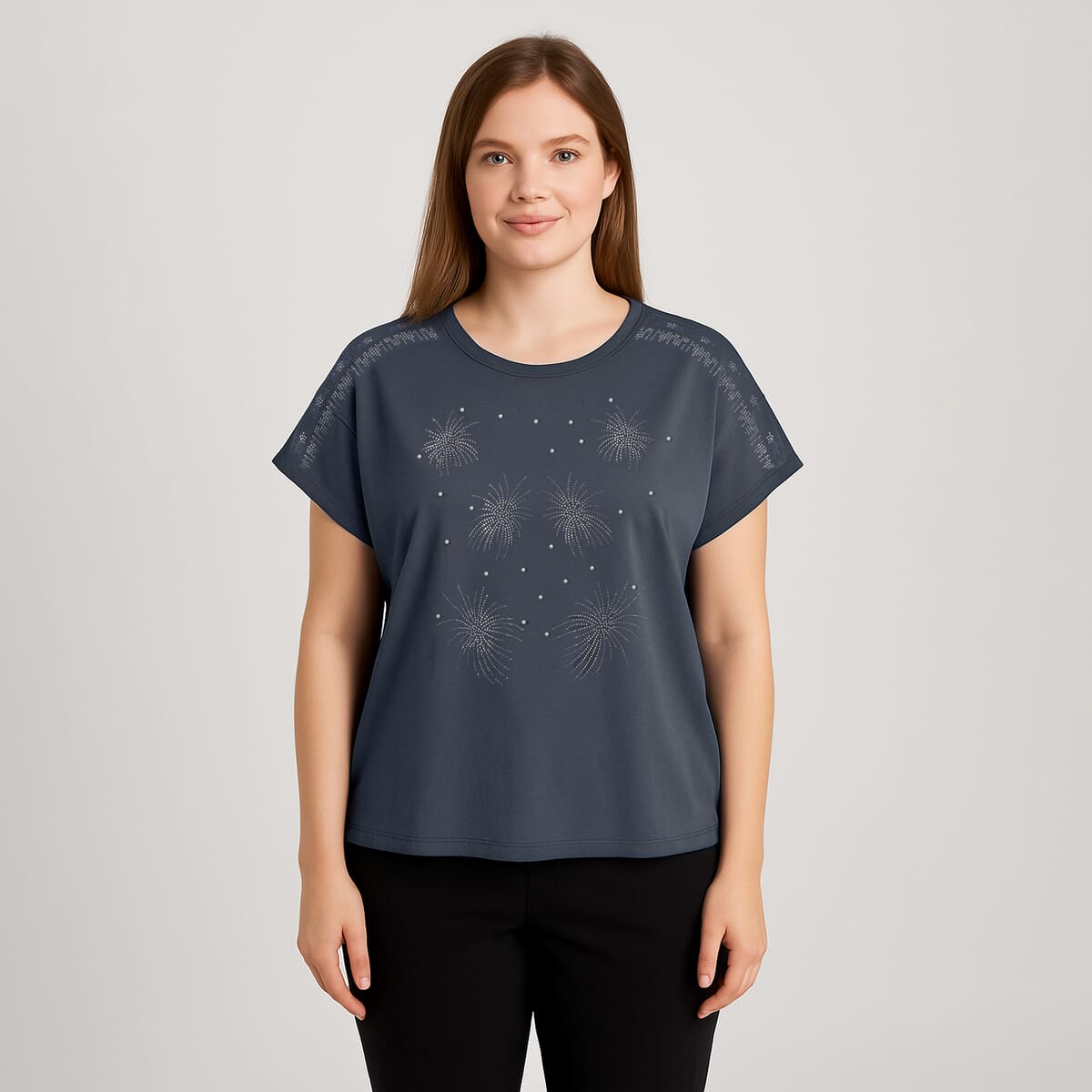 Navy Fireworks Crystal Bejeweled Bat Wing Short Sleeve Shirt Working - One Size Fits Most image number 1