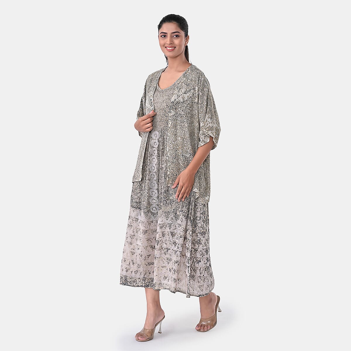 TAMSY Tan Smocked Sleeveless Dress with Kimono Twinset - One Size Fits Most image number 3