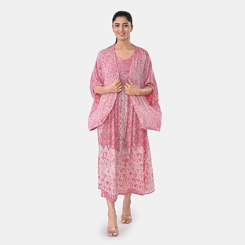 TAMSY Pink Smocked Sleeveless Dress with Kimono Twinset - One Size Fits Most