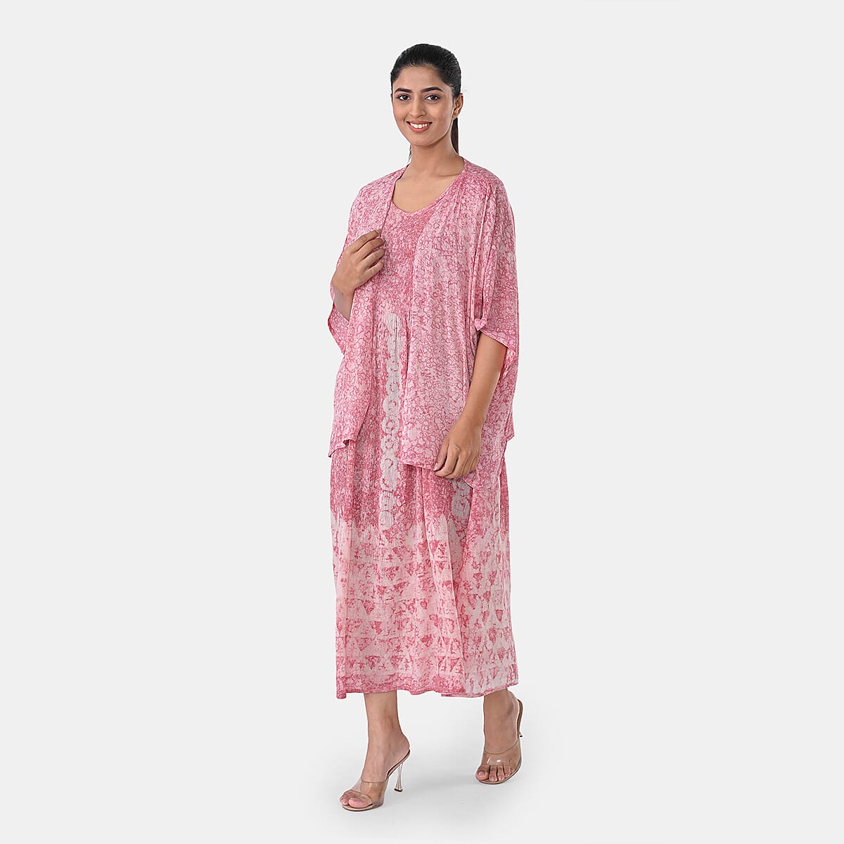 Pink Rayon Sleeveles Smocked Tie Dye Dress with kimono - One Size Fit Most image number 1