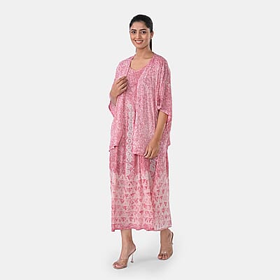 TAMSY Pink Smocked Sleeveless Dress with Kimono Twinset - One Size Fits Most