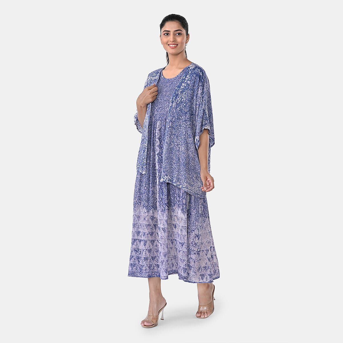 TAMSY Blue Smocked Sleeveless Dress with Kimono Twinset - One Size Fits Most image number 1