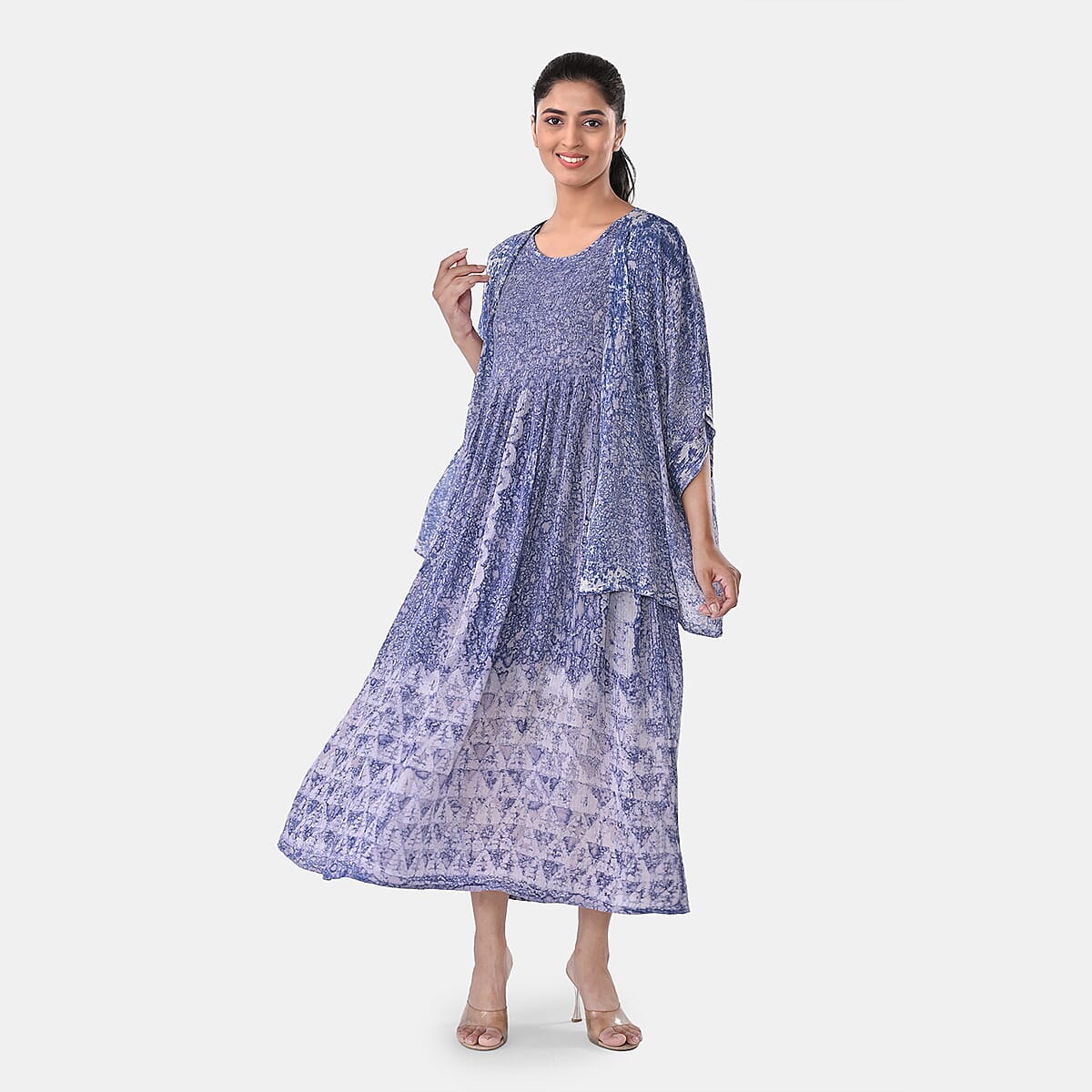 TAMSY Blue Smocked Sleeveless Dress with Kimono Twinset - One Size Fits Most image number 2