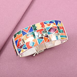 Peruvian Artistry Multi Gemstone 12.65 ctw Inka Calender Bangle Bracelet in Sterling Silver (7.00 In)