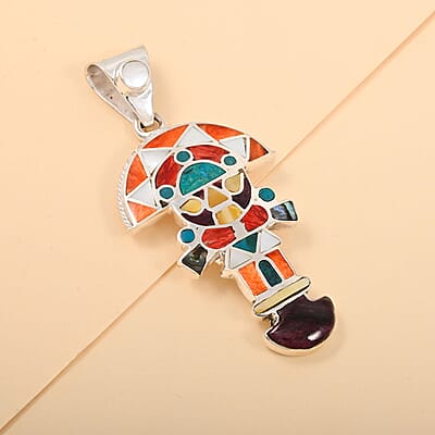 Peruvian Artistry Multi Gemstone 1.25 ctw Small Tumi Pendant without Chain in Sterling Silver