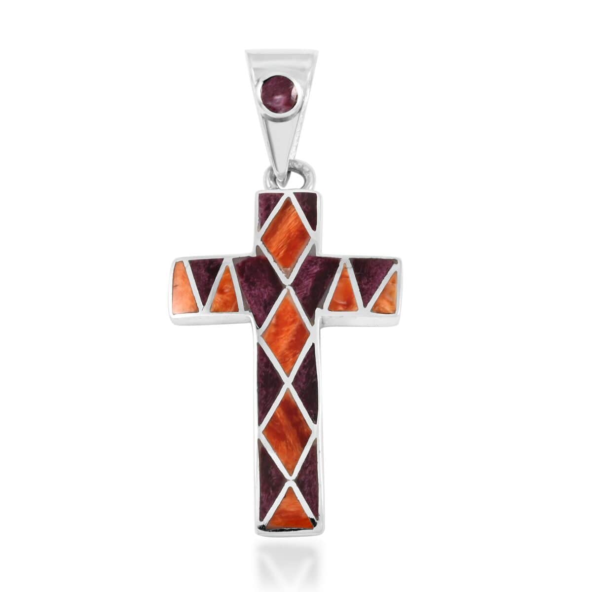 Multi Gemstone Oragne and Purple Small Cross Pendant in Sterling Silver 0.80 ctw image number 0