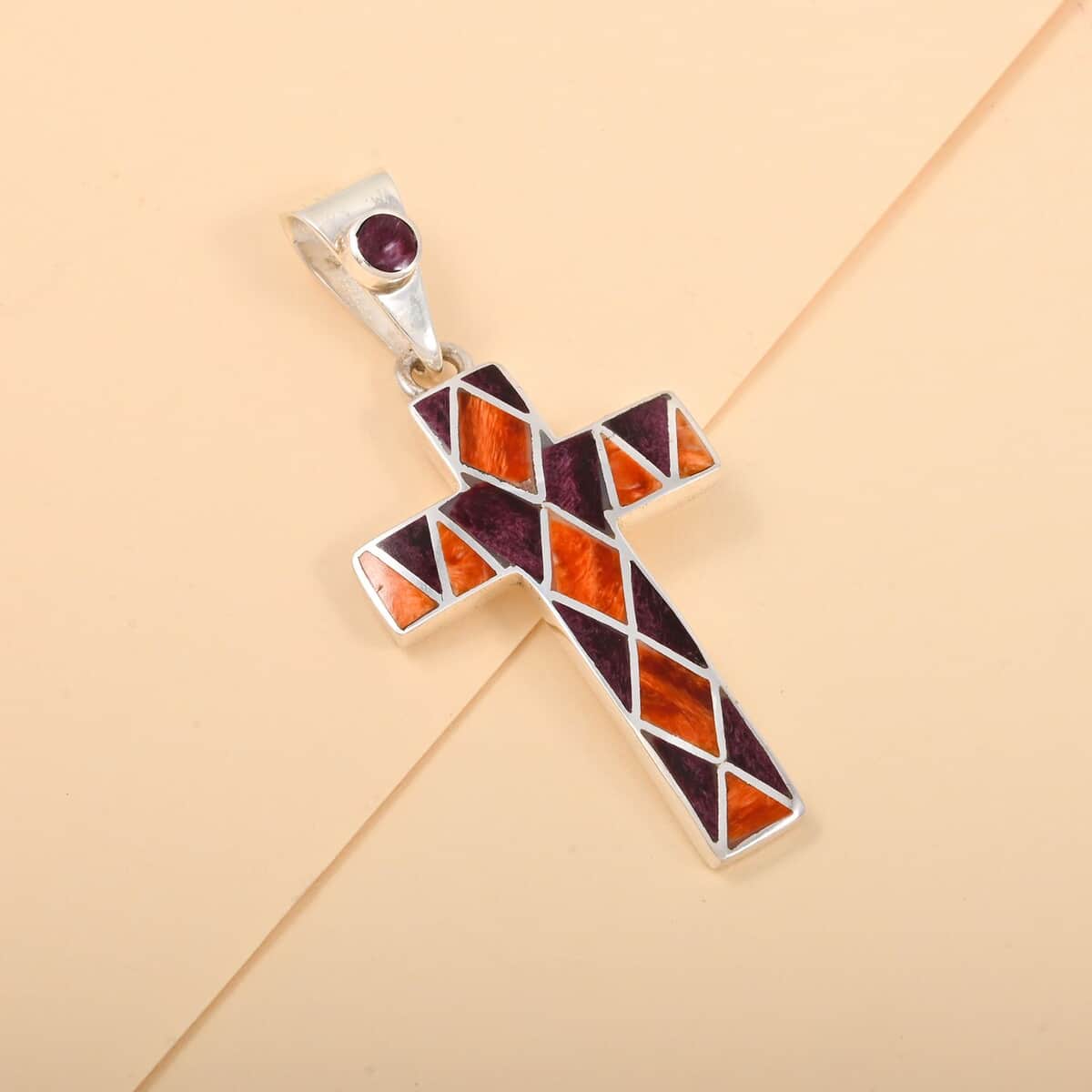 Multi Gemstone Oragne and Purple Small Cross Pendant in Sterling Silver 0.80 ctw image number 1