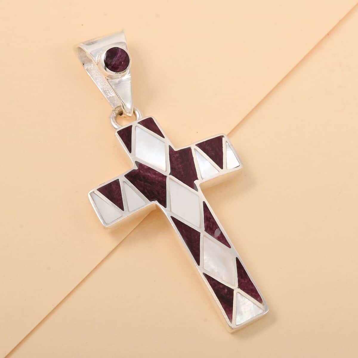 Peruvian Artistry Multi Gemstone White and Purple 0.80 ctw Small Cross Pendant in Sterling Silver image number 1